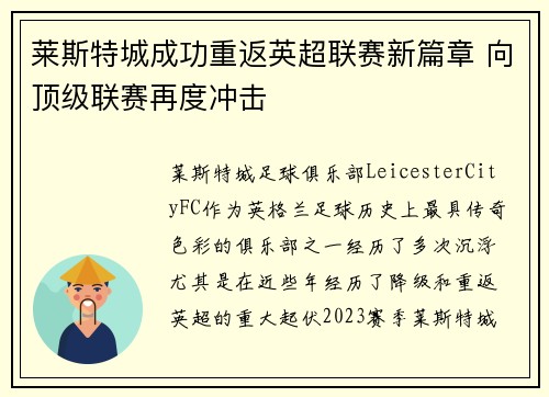 莱斯特城成功重返英超联赛新篇章 向顶级联赛再度冲击