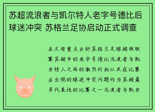 苏超流浪者与凯尔特人老字号德比后球迷冲突 苏格兰足协启动正式调查