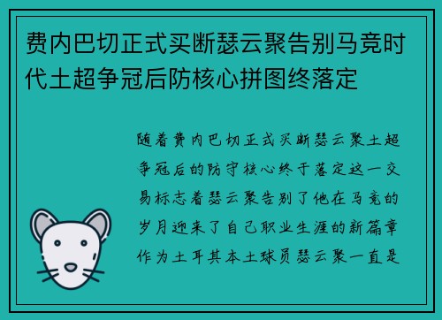 费内巴切正式买断瑟云聚告别马竞时代土超争冠后防核心拼图终落定
